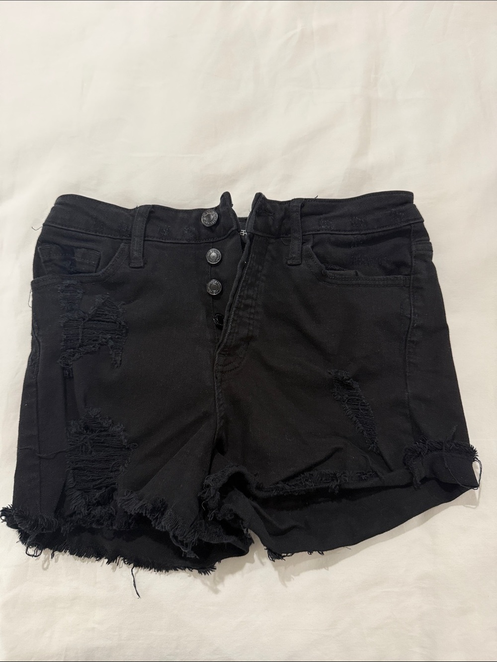 High-Rise Black Distressed Women’s Denim Shorts with Button Fly